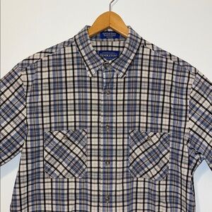 PENDLETON Santiam Short Sleeve Button Down Shirt Plaid Cotton Blue Tan Vintage